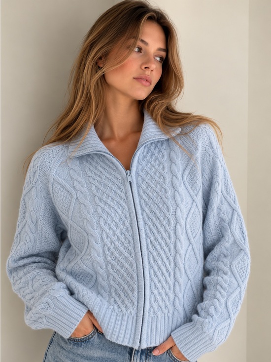 Aritzia Sweaters - Aritzia Sunday Best Light Blue Cable Knit Zip-Up Sweater